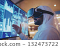 Arab businessman using VR headset to visualize financial data and investment opportunities, exploring innovative technology 132473722