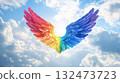 Pride flag wings symbolizing freedom and rights activism against cloudy sky 132473723