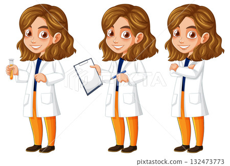 Female Scientist Character in Three Laboratory Poses 132473773