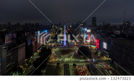 Beautiful night aerial shot of the Obelisk of Buenos Aires. 132473823