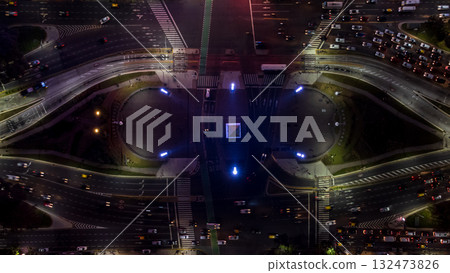 Beautiful night aerial shot of the Obelisk of Buenos Aires. 132473826