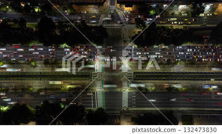 Night aerial view of the traffic on Av. 9 de Julio in the city of Buenos Aires. 132473830