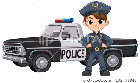 Cartoon Police Officer Standing by Patrol Truck 132473845