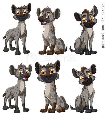 Cartoon Spotted Hyenas in Various Poses and Expressions 132473848