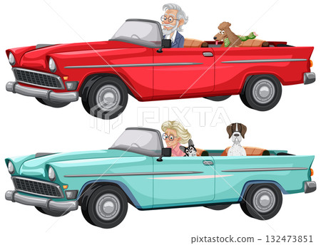 Senior Couples Driving Classic Convertibles With Pet Dogs 132473851