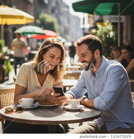 Happy couple laughing at phone on sunny cafe terrace 132473929