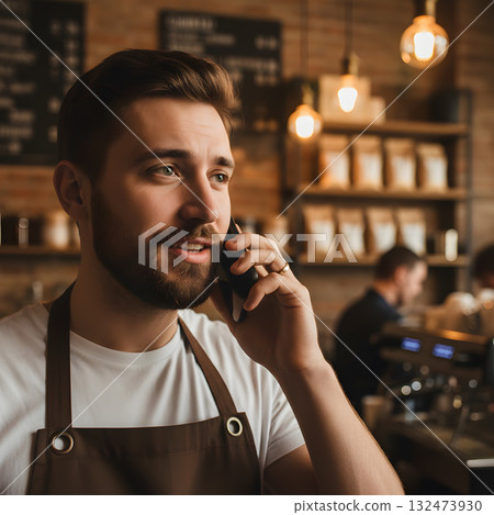 Smiling barista talking on a mobile phone in a coffee shop 132473930