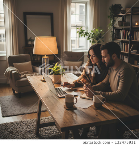 Couple working together at home on laptop 132473931