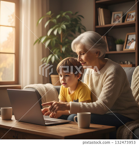 Grandmother and grandson using a laptop together on the sofa 132473953