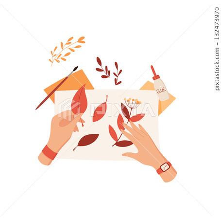 Hands of kids engage in craft collage using glue and colorful leaves. Creative DIY project illustration in flat cartoon graphic style. Ideal for school projects or art workshops. Hands of kids engage in craft collage using glue and colorful leaves. Creative DIY project illustration in flat cartoon graphic style. Ideal for school projects or art workshops. 132473970
