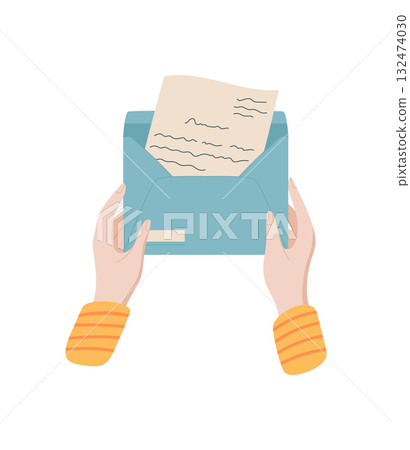 Woman hold envelope with letter and message on paper. cartoon graphic style illustration of mail and correspondence, flat design with creative elements. Ideal for communication themes stationery 132474030