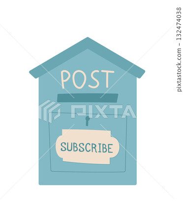 Flat cartoon mailbox or postbox with subscribe label and note for messages. Concept of mail delivery, message, and communication, creative style, suitable for digital or print media. Flat cartoon mailbox or postbox with subscribe label and note for messages. Concept of mail delivery, message, and communication, creative style, suitable for digital or print media. 132474038