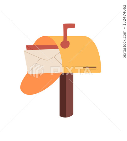 Mailbox holding letter and envelope ready for delivery. Creative icon of postal message with seal. Concept of communication, flat style, ideal for holiday themes and stationery. Mailbox holding letter and envelope ready for delivery. Creative icon of postal message with seal. Concept of communication, flat style, ideal for holiday themes and stationery. 132474062