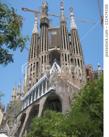 Sagrada Familia towering above the blue sky and greenery Sagrada Familia towering above the blue sky and greenery 132474108