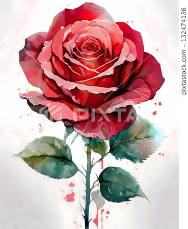 Single Red Rose Blossom in Watercolor Style Single Red Rose Blossom in Watercolor Style 132474186