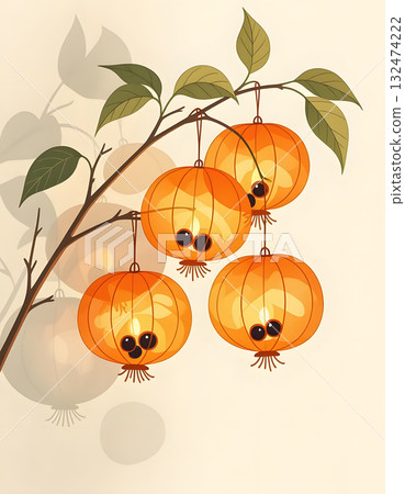 Whimsical Orange Lantern Characters Hanging from a Branch 132474222