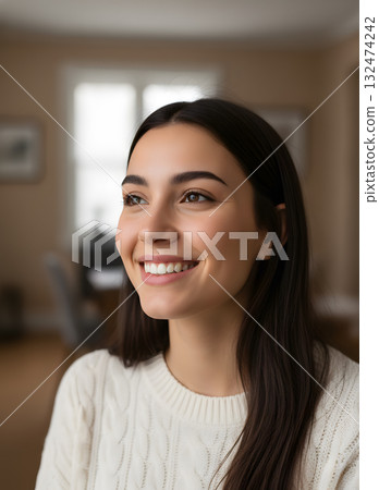 Close-up portrait of a happy smiling young woman looking away 132474242
