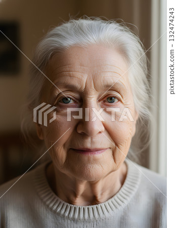 Close-up portrait of a serene elderly woman with gray hair 132474243