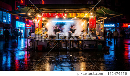 Two chefs cooking street food on a wet rainy night 132474256
