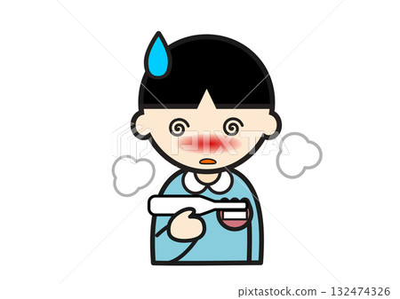 一名發燒的幼兒園男孩拿著溫度計 一名發燒的幼兒園男孩拿著溫度計 132474326