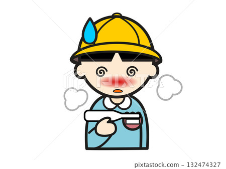 一個戴著帽子發燒的幼稚園男孩拿著溫度計 一個戴著帽子發燒的幼稚園男孩拿著溫度計 132474327