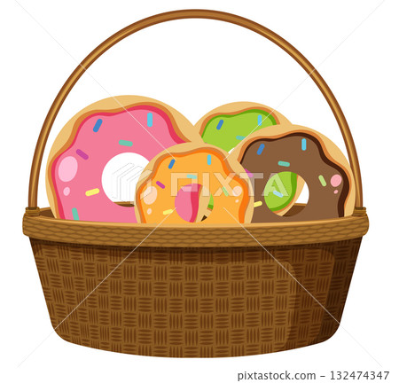 Colorful Frosted Donuts in Wicker Basket Illustration Colorful Frosted Donuts in Wicker Basket Illustration 132474347