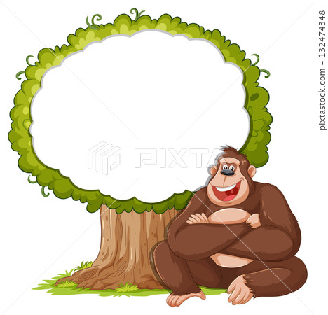 Smiling Cartoon Gorilla Sitting Under Tree with Blank Space Smiling Cartoon Gorilla Sitting Under Tree with Blank Space 132474348