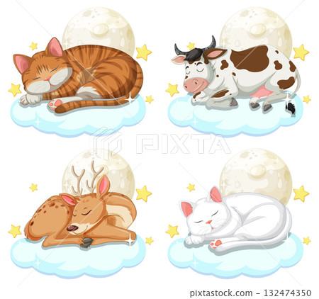 Sleeping Animals on Clouds Under Full Moon Illustration Sleeping Animals on Clouds Under Full Moon Illustration 132474350