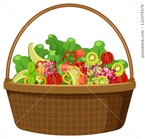 Wicker Basket Filled With Fresh Fruits and Vegetables 132474370