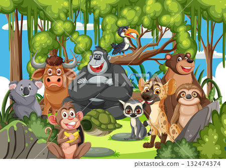 Group of Cartoon Jungle Animals in Lush Forest Setting 132474374