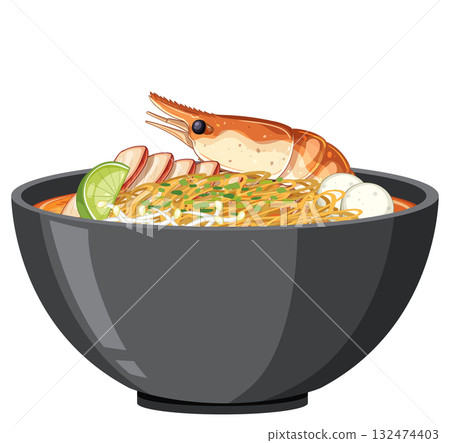 Shrimp Noodle Soup in Black Bowl Vector Illustration Shrimp Noodle Soup in Black Bowl Vector Illustration 132474403