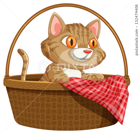 Tabby Cat Sitting in Wicker Basket with Red Cloth Tabby Cat Sitting in Wicker Basket with Red Cloth 132474406