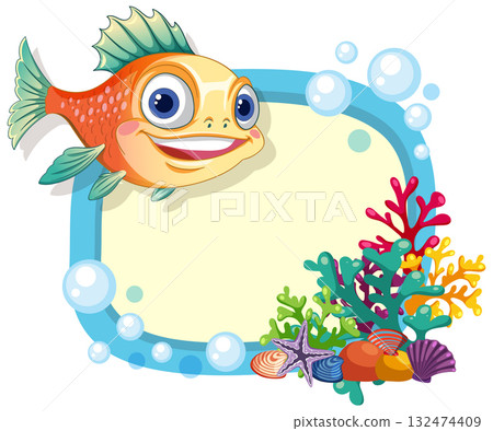 Smiling Cartoon Fish with Coral Reef Frame and Bubbles Smiling Cartoon Fish with Coral Reef Frame and Bubbles 132474409