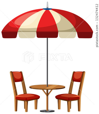 Outdoor Cafe Table with Red Umbrella and Two Chairs Outdoor Cafe Table with Red Umbrella and Two Chairs 132474412