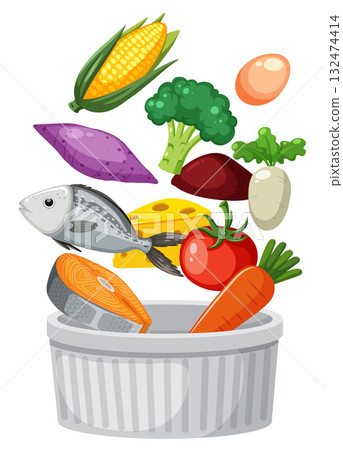 Assorted Healthy Foods Falling Into White Bowl Illustration Assorted Healthy Foods Falling Into White Bowl Illustration 132474414