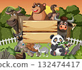 Group of Cartoon Animals Around Wooden Sign at Sunset 132474417