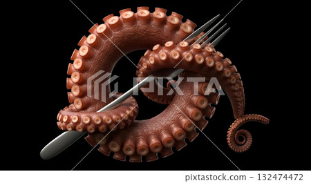 An octopus tentacle wrapped around a fork 132474472