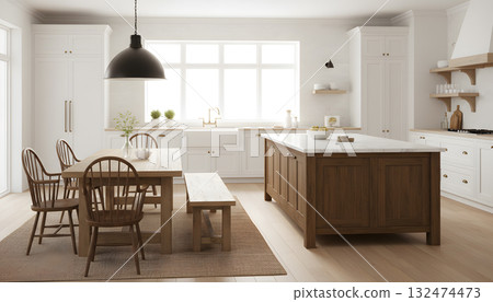 Bright and spacious modern farmhouse kitchen and dining area 132474473