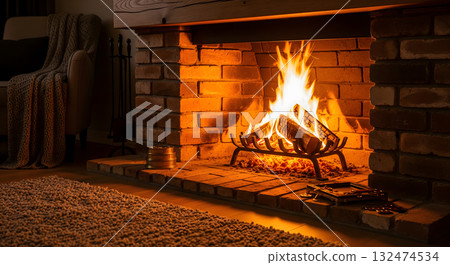 Blazing Fire in a Brick Fireplace at Night 132474534