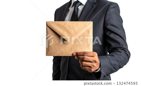 商人手持的牛皮紙信封 | 無背景，透明PNG，複製空間 132474593