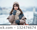 A woman wearing a beige knit hat, scarf, and mocha down jacket 132474674