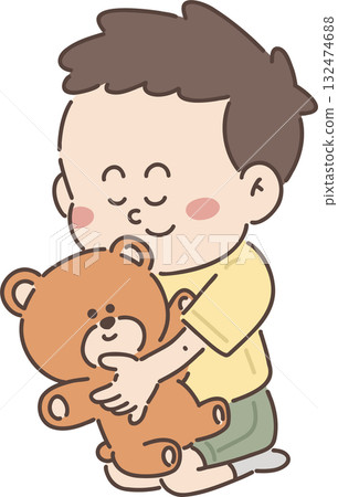 用於育兒、福利和教育 | 男孩的姿勢集錦 [抱著毛絨玩具的男孩] 132474688