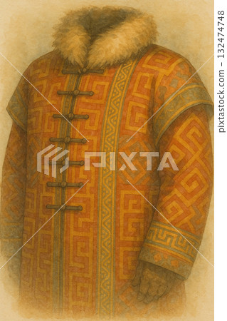 Mongolian traditional winter clothing, geometric wool coat, ethnic watercolor illustration Mongolian traditional winter clothing, geometric wool coat, ethnic watercolor illustration 132474748