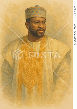 Portrait of a man in traditional African clothing, gold embroidered robe and hat, watercolor cultural illustration Portrait of a man in traditional African clothing, gold embroidered robe and hat, watercolor cultural illustration 132474749