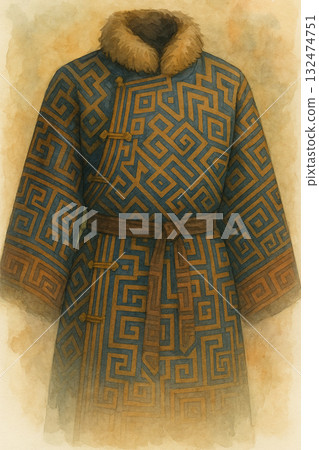 Thick robe with blue and gold geometric patterns, traditional ethnic winter clothing, watercolor cultural illustration Thick robe with blue and gold geometric patterns, traditional ethnic winter clothing, watercolor cultural illustration 132474751