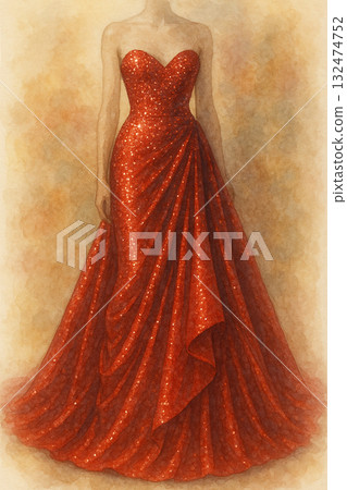 Red sequined long dress, gorgeous banquet evening gown, watercolor fashion illustration Red sequined long dress, gorgeous banquet evening gown, watercolor fashion illustration 132474752