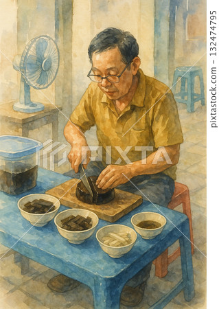 台灣老屋中的滷味時光 長輩準備晚餐的溫馨日常 水彩懷舊插畫 台灣老屋中的滷味時光 長輩準備晚餐的溫馨日常 水彩懷舊插畫 132474795