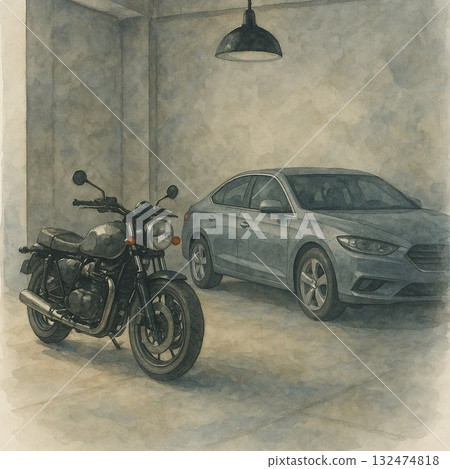 Gray garage middle truck and train｜Seisan watercolor painting 132474818