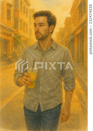 夏日街頭男人手搖水果的水彩畫 | 午後的陽光下，色彩明麗，氛圍寧靜祥和 132474838