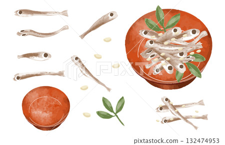 Watercolor tazukuri, sesame, osechi cuisine, Japanese food, fish illustration set 132474953